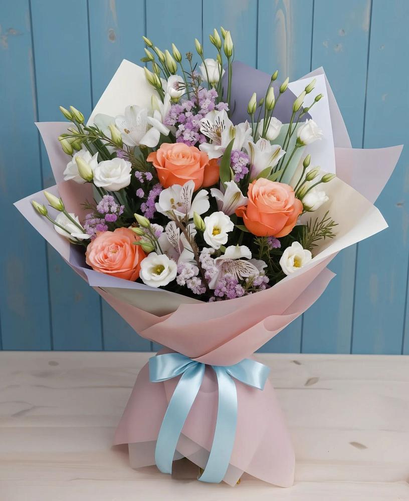 Букет цветов из: Лизиантусы, Розы, Альстромерии и Гипсофила в Дубровский