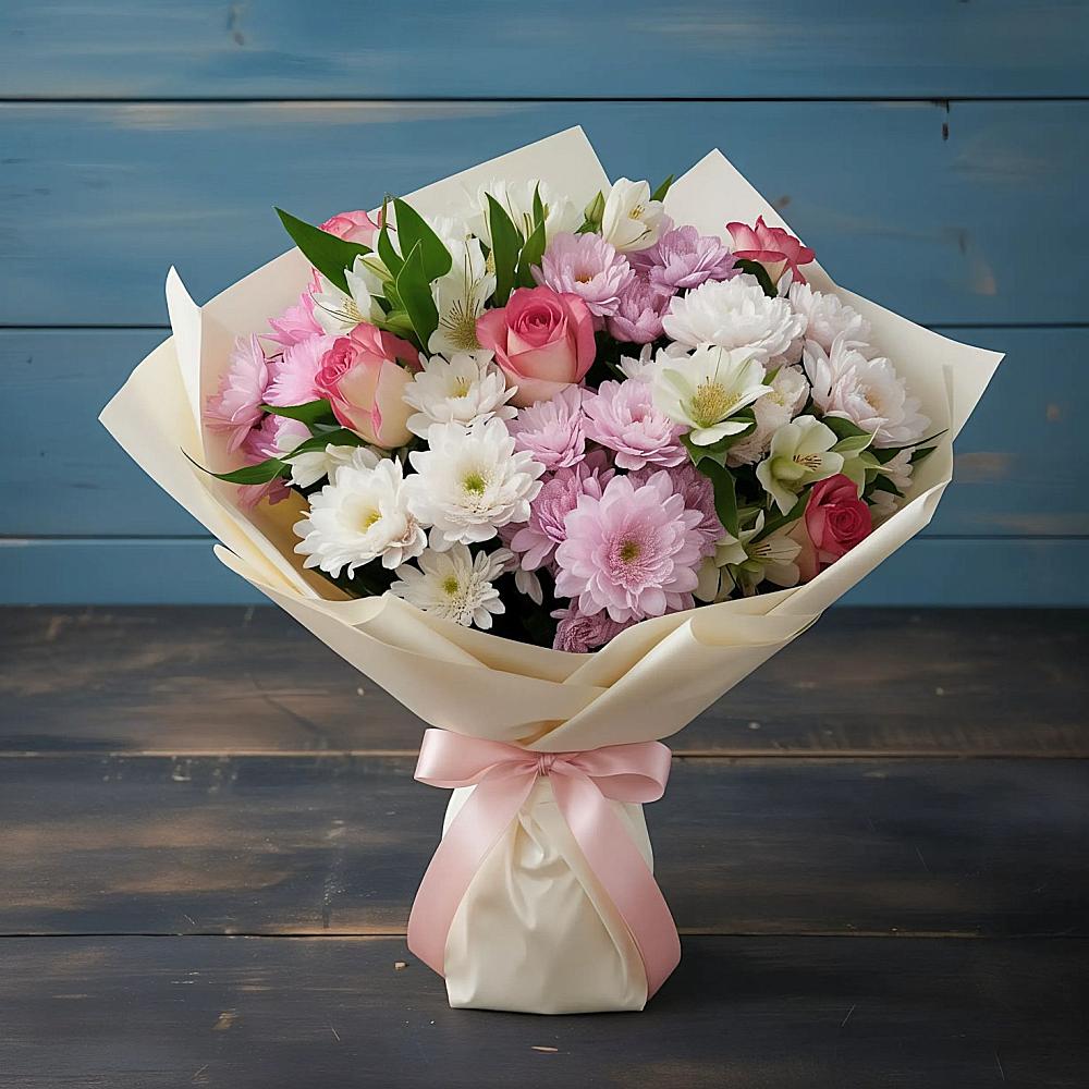 Букет цветов из: Хризантемы, Альстромерии и Розы в Дубровский